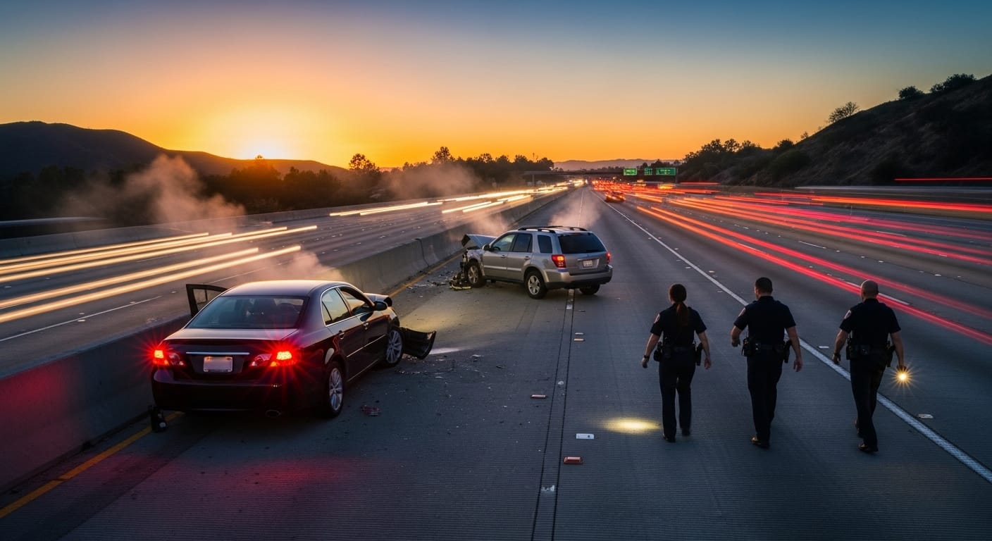 Disabled car with hazard lights on after a Los Angeles freeway shoulder crash