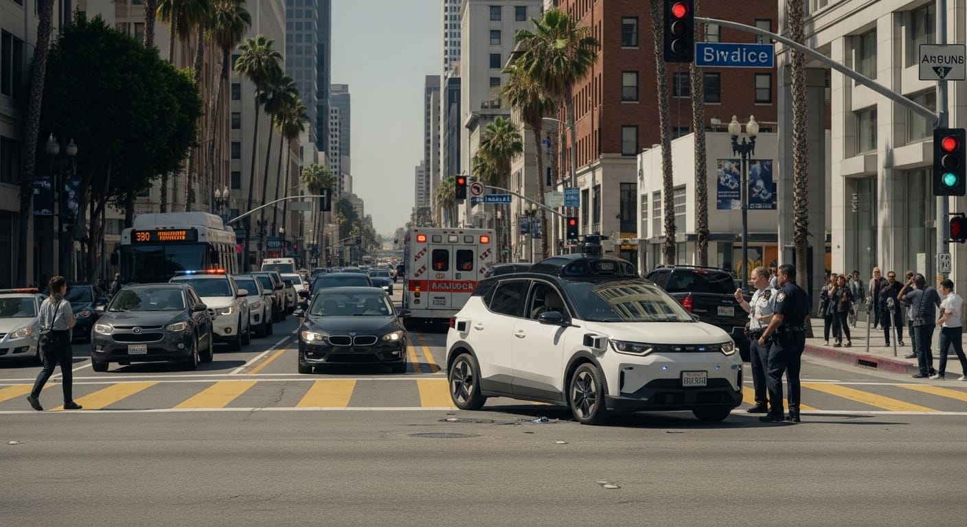 Driverless robotaxi involved in a Los Angeles intersection crash with emergency responders at the scene