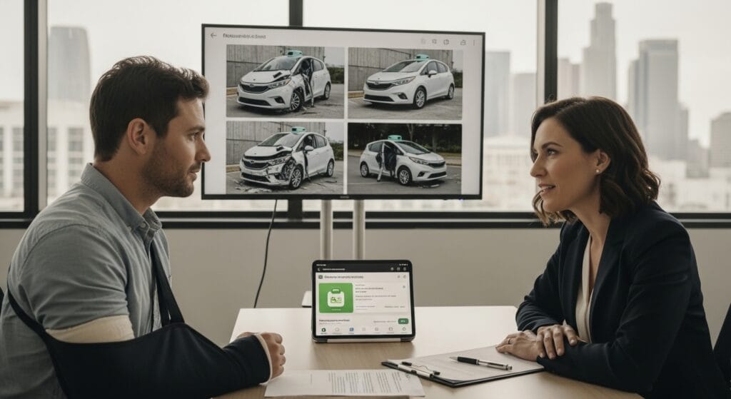 Los Angeles injury victim reviewing robotaxi crash evidence with an attorney