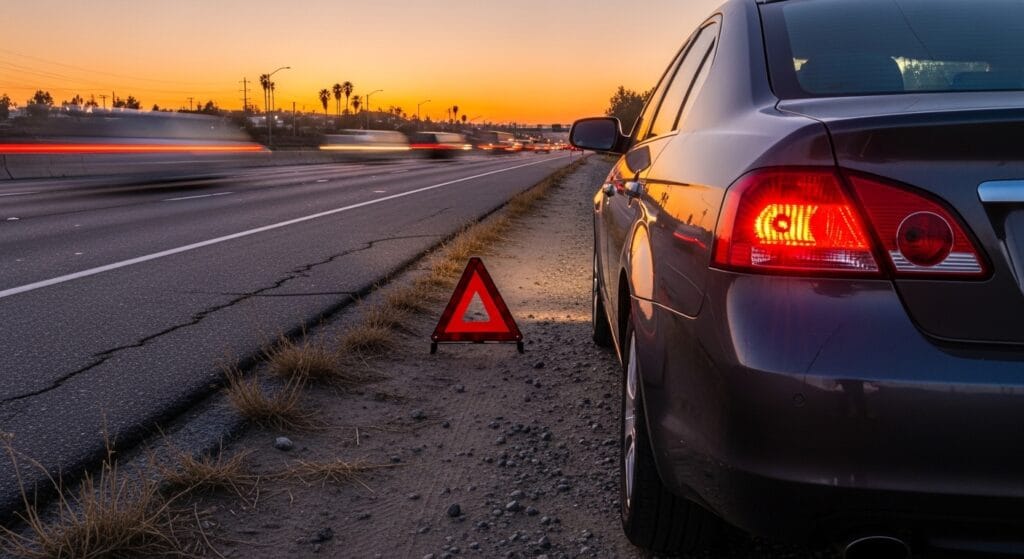 Stopped roadside vehicle with hazard lights and warning triangle on a Los Angeles freeway shoulder