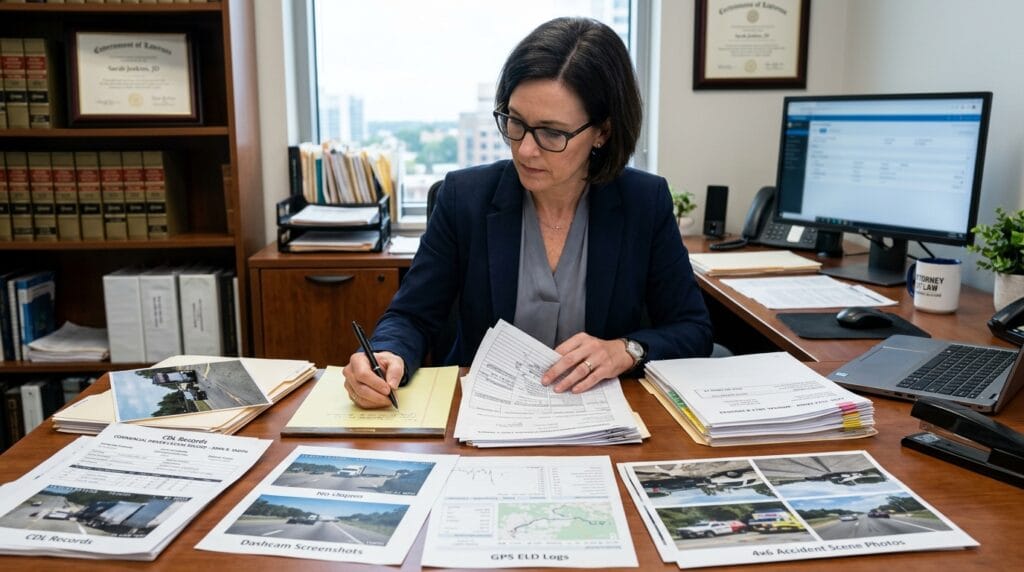 Attorney reviewing CDL records and digital evidence for a commercial driver accident claim