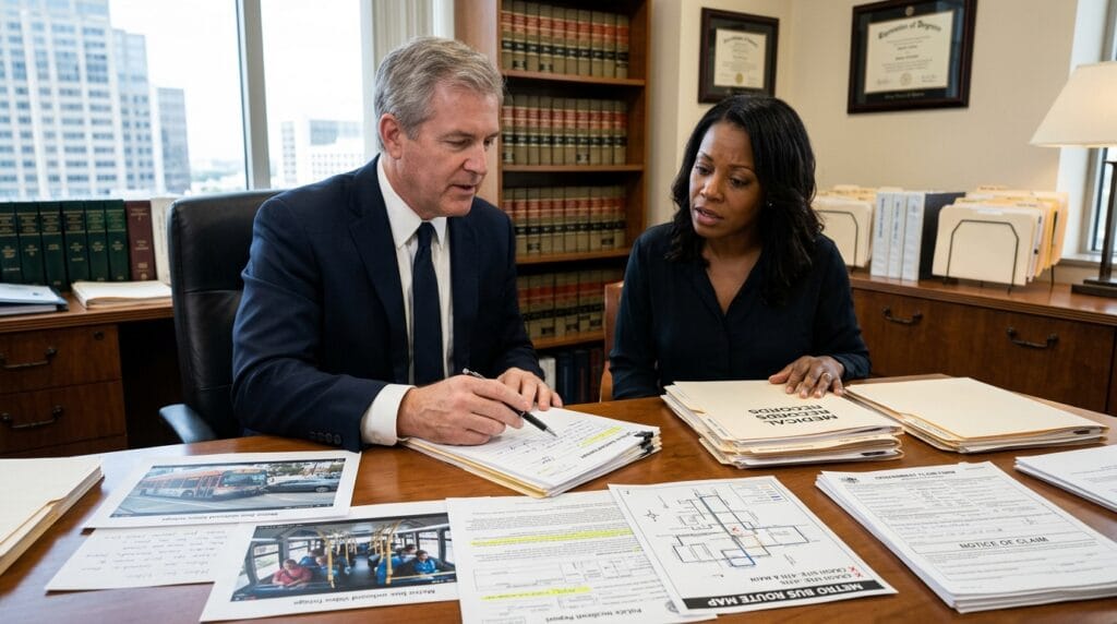 Attorney reviewing Metro bus accident evidence and public entity claim documents