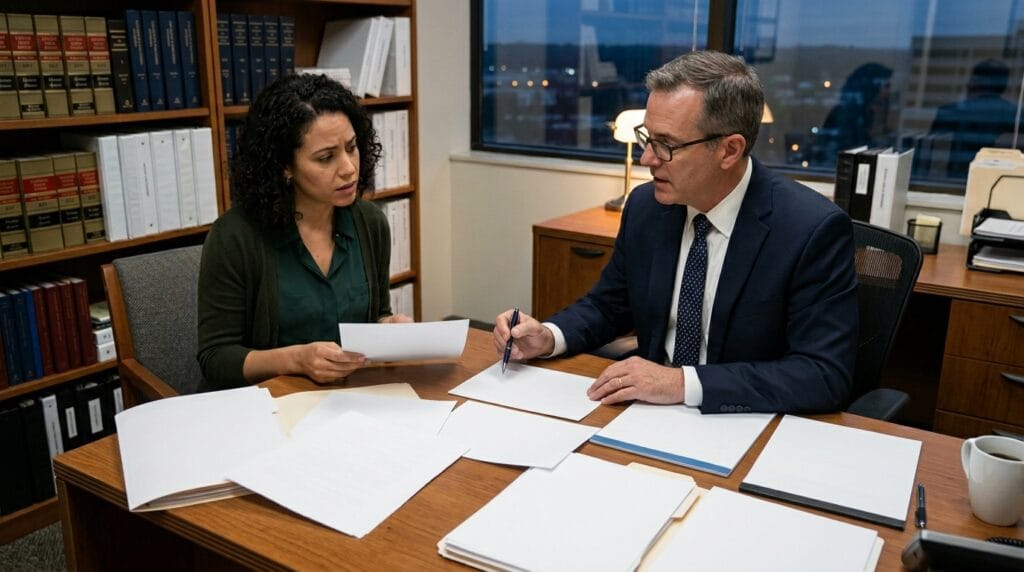 Attorney reviewing delivery accident evidence and insurance records after a Los Angeles crash