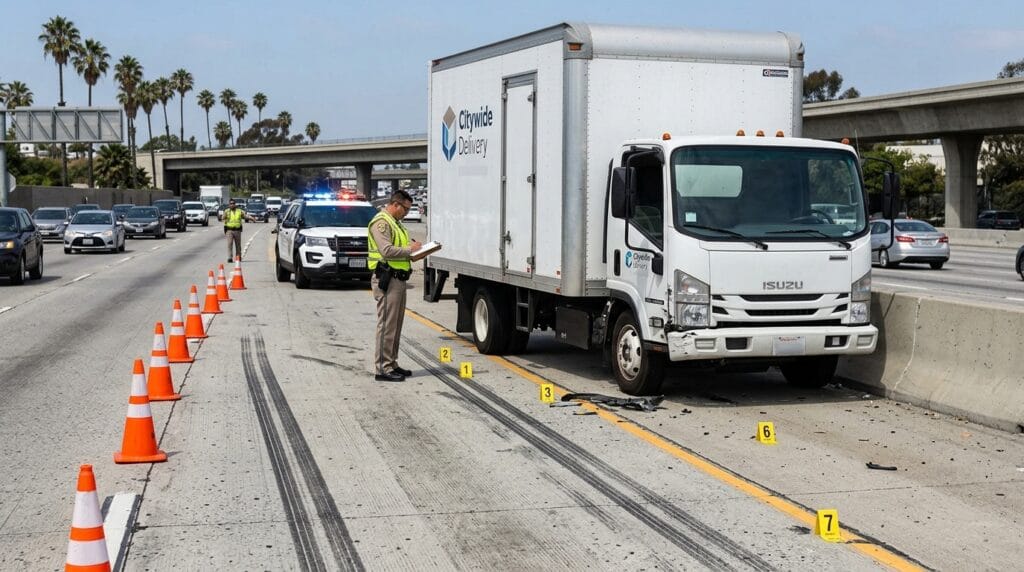 Commercial vehicle crash evidence scene in Los Angeles with skid marks and police response