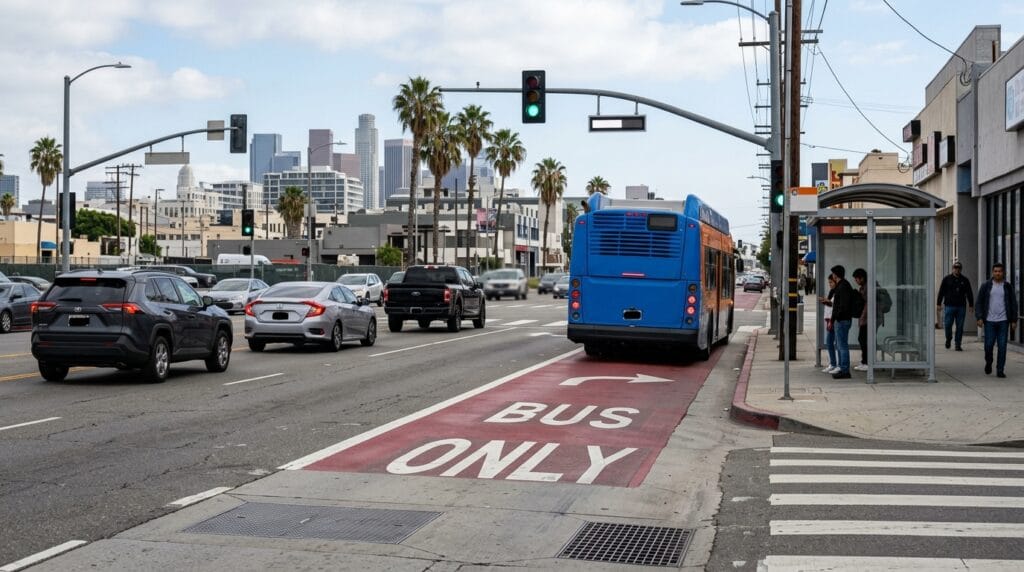 Los Angeles bus lane where traffic signals and lane position may affect a bus accident claim