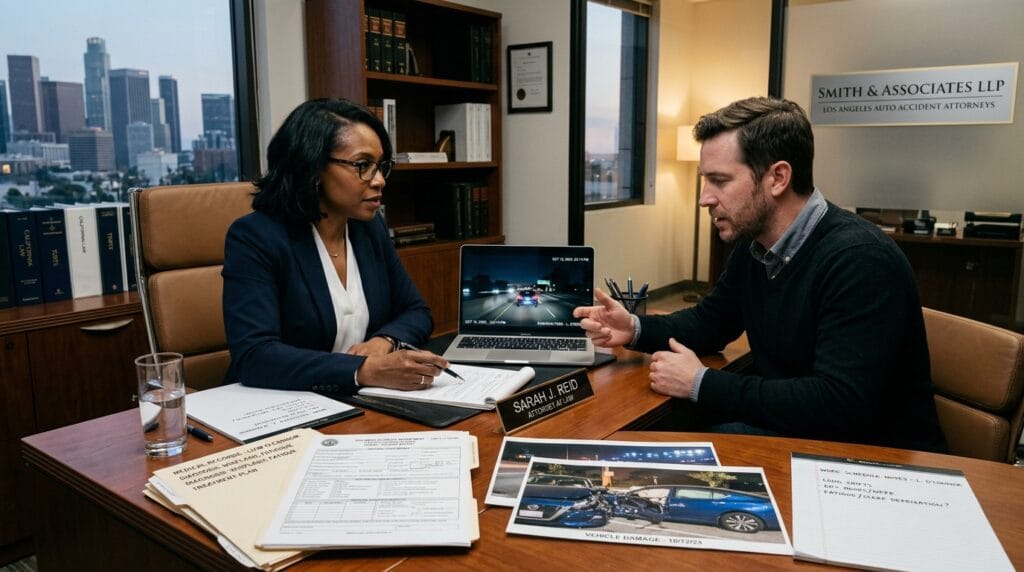 Attorney reviewing Los Angeles drowsy driving accident claim evidence with a client