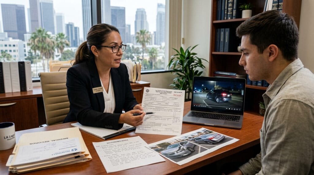 Attorney reviewing Los Angeles drunk driving accident claim evidence with a client