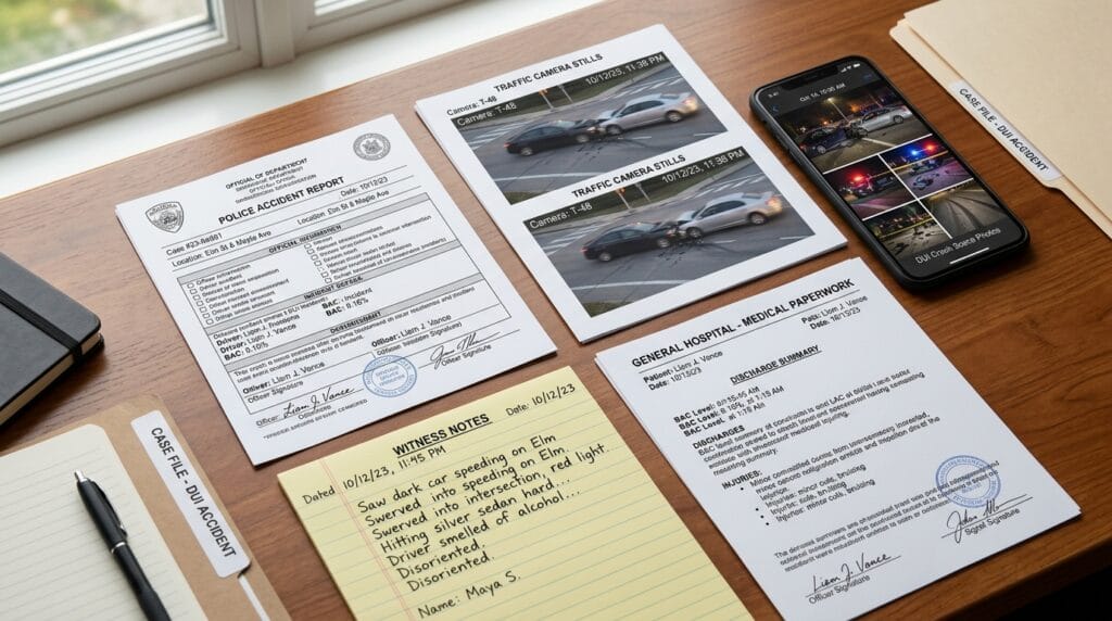 DUI accident evidence including police report, witness notes, and medical records