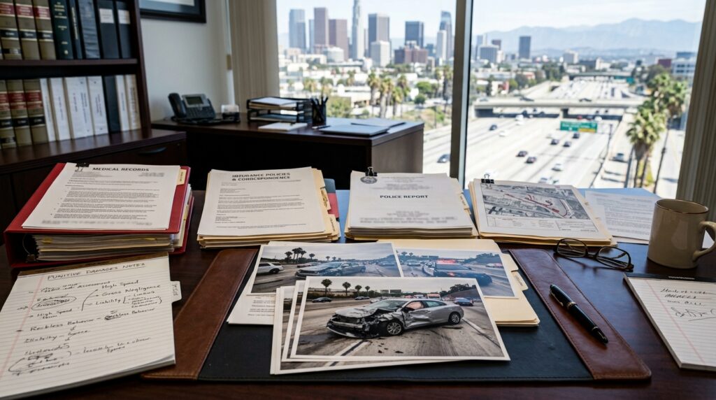 LA speed crash claim documents with medical records, punitive damages notes, and insurance papers