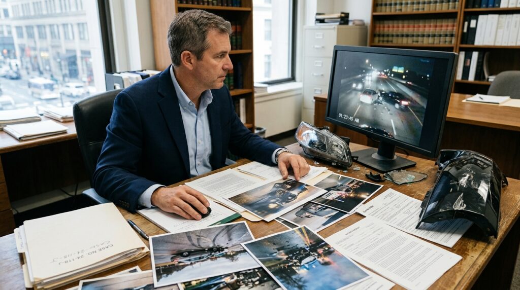 Los Angeles ghost plate evidence with dashcam footage, crash photos, and insurance documents