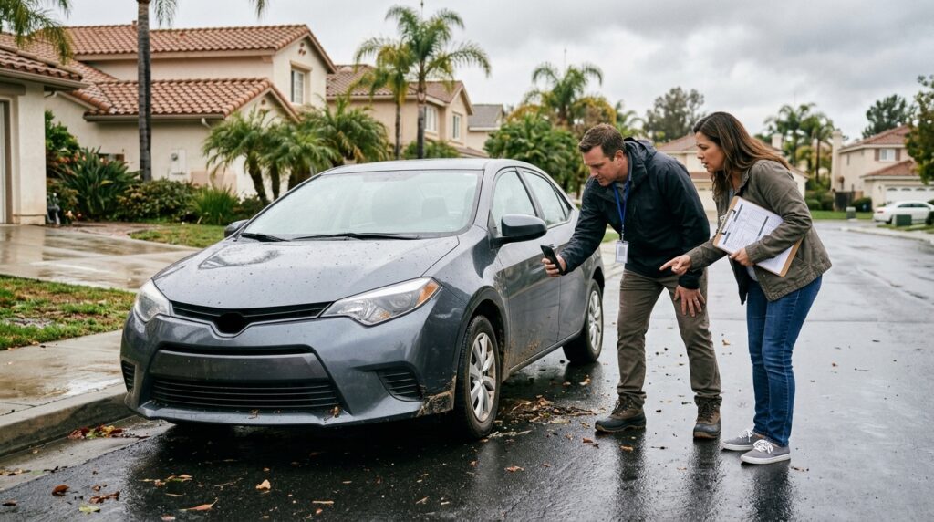 Documentation of storm-related vehicle damage for a Los Angeles insurance claim