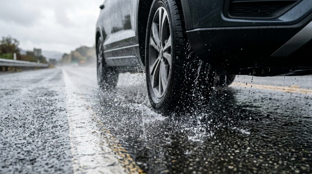 Vehicle tire traveling through standing water illustrating hydroplaning risks